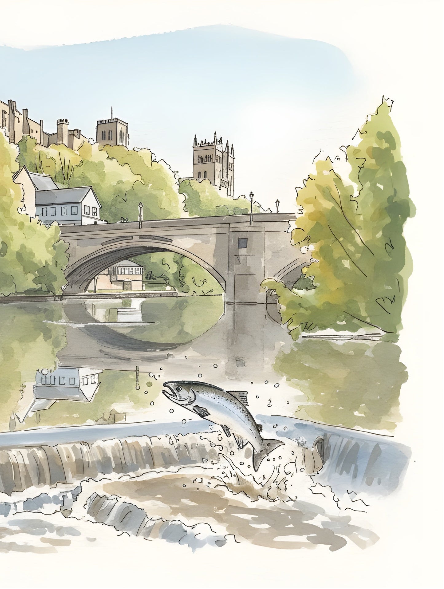 Durham Cathedral & River Wear Watercolour – Framwellgate Bridge & Salmon Weir Scene – Ink‑Wash size A4/A3