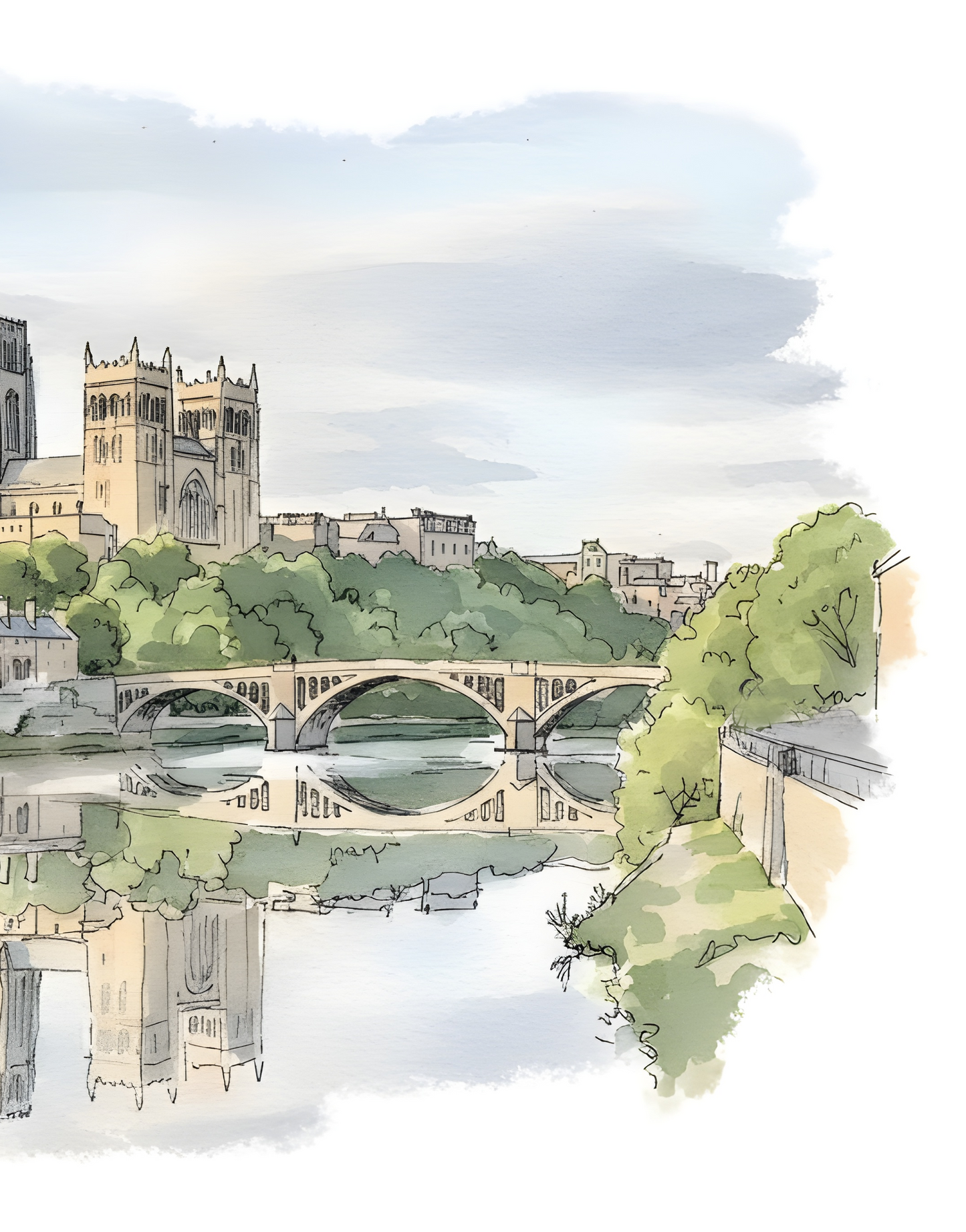 Durham Cathedral & River Wear Watercolour – Framwellgate Bridger – Ink‑Wash size A4/A3