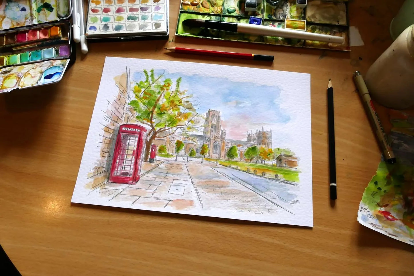 Durham Cathedral watercolour red phone box Original Art
