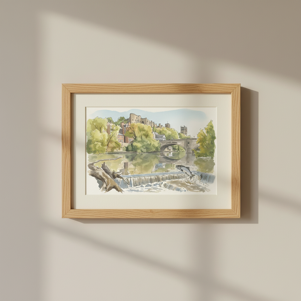 Durham Cathedral & River Wear Watercolour – Framwellgate Bridge & Salmon Weir Scene – Ink‑Wash size A4/A3