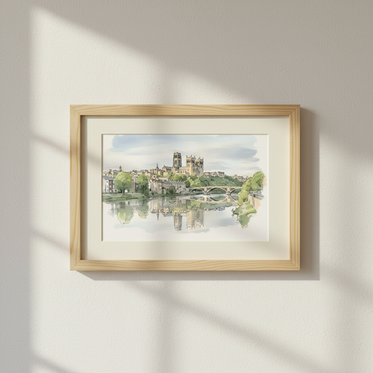 Durham Cathedral & River Wear Watercolour – Framwellgate Bridger  – Ink‑Wash size A4/A3