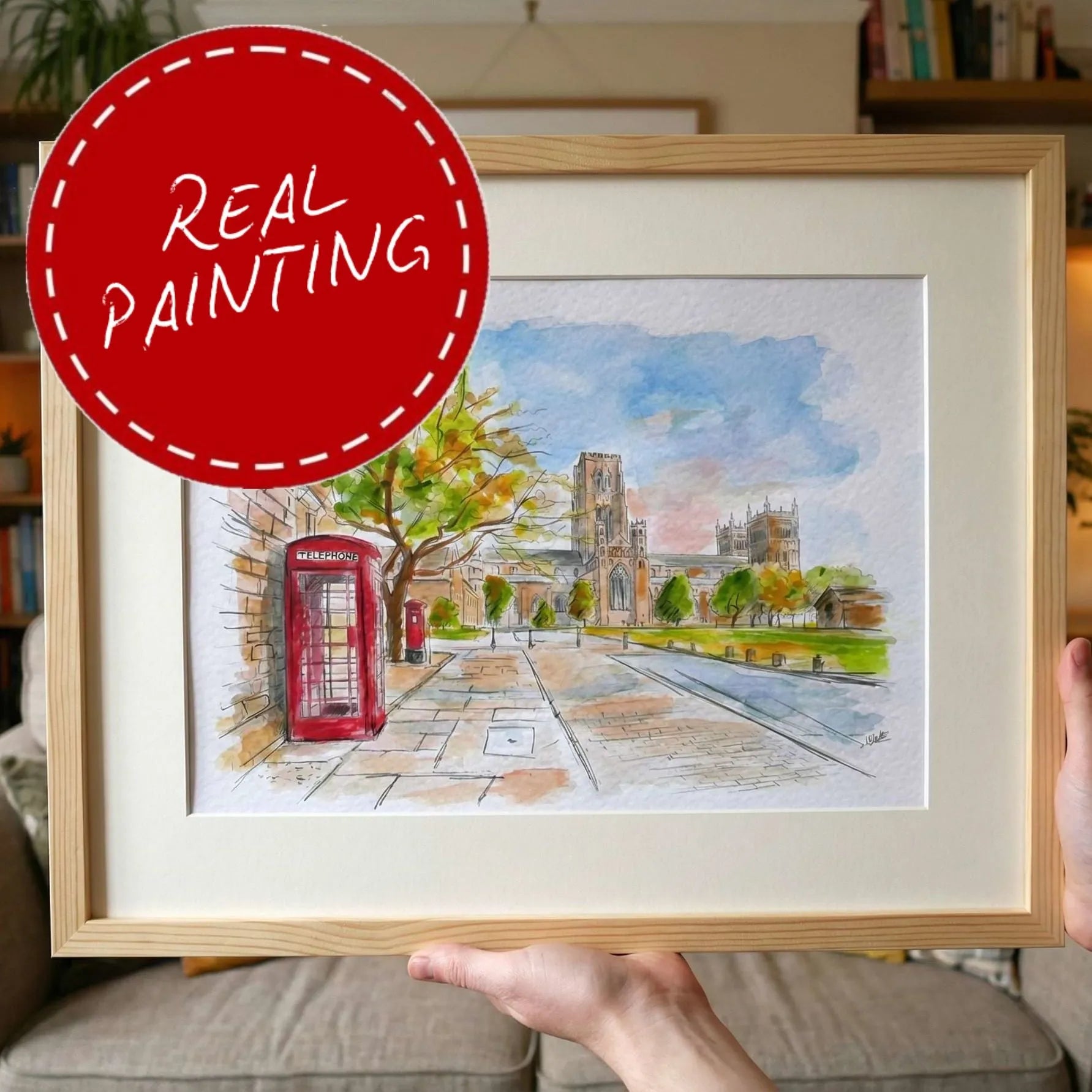 Durham Cathedral watercolour red phone box Original Art j blakely art 