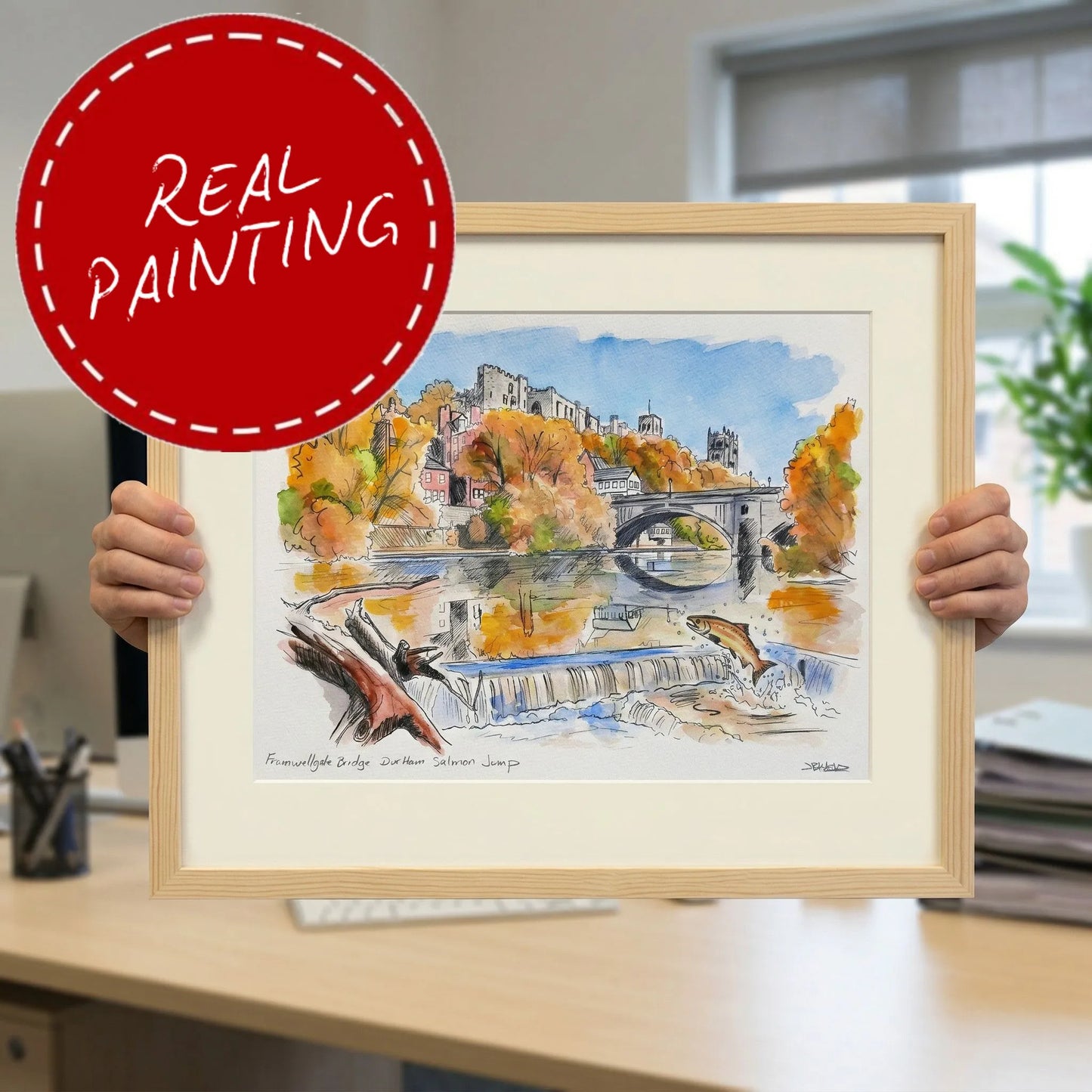 Framwellgate Bridge Durham salmon jump watercolour