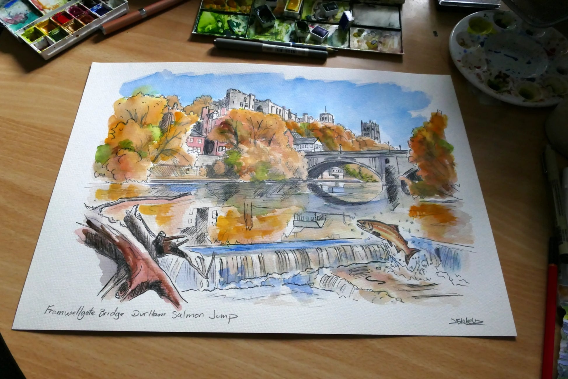 Framwellgate Bridge Durham salmon jump watercolour jblakely art