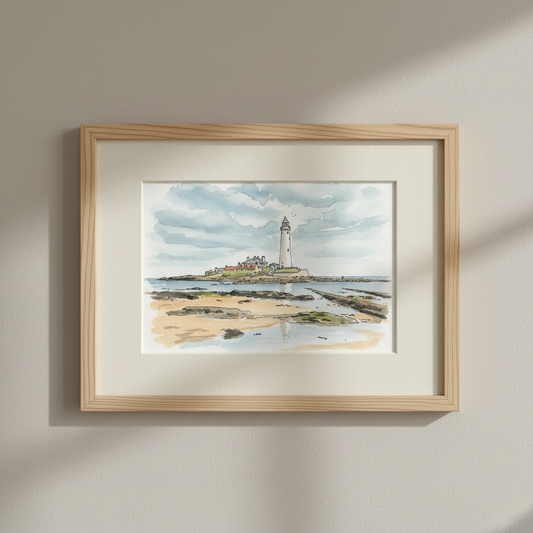 St Mary's Lighthouse in Whitley Bay, Northumberland –  watercolour Ink‑Wash size A4/A3