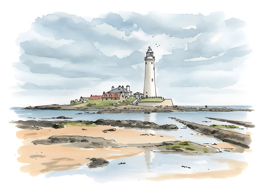 St Mary's Lighthouse in Whitley Bay, Northumberland –  watercolour Ink‑Wash size A4/A3