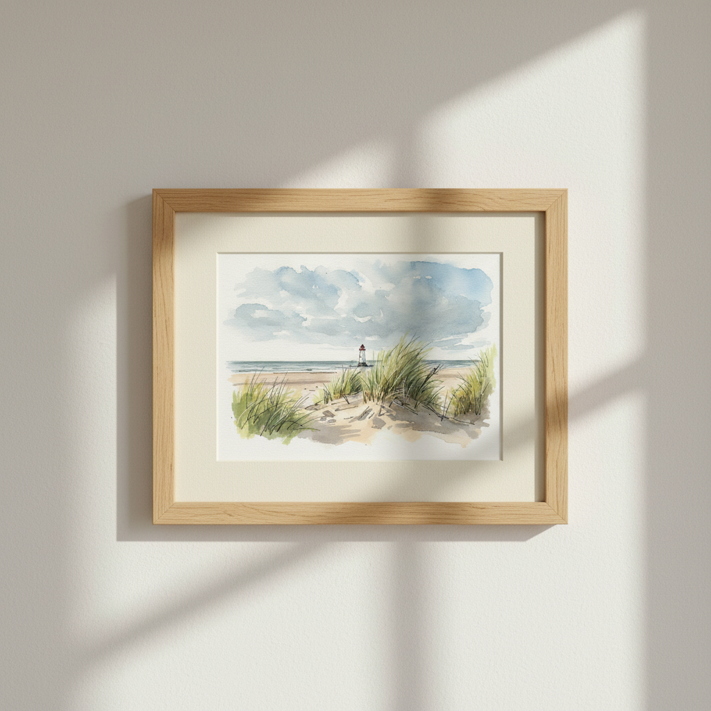 Talacre-Lighthouse and beach seascape north coast of Wales –  watercolour Ink‑Wash size A4/A3