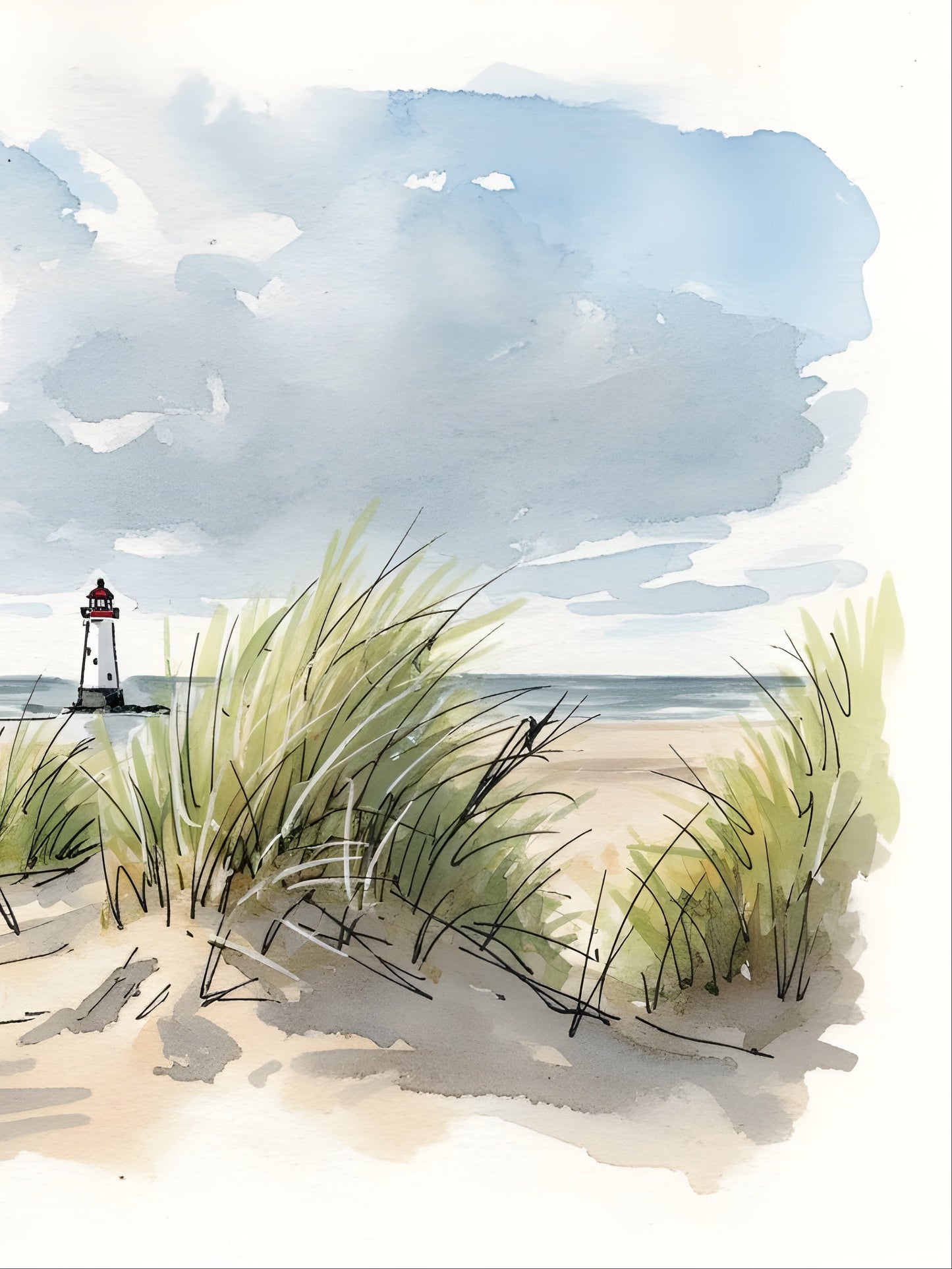 Talacre-Lighthouse and beach seascape north coast of Wales –  watercolour Ink‑Wash size A4/A3