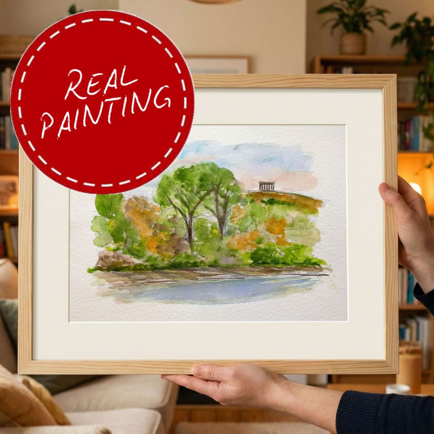 painting of Penshaw Monument viewed from WWT Washington Wetlands, created in a contemporary urban sketching style